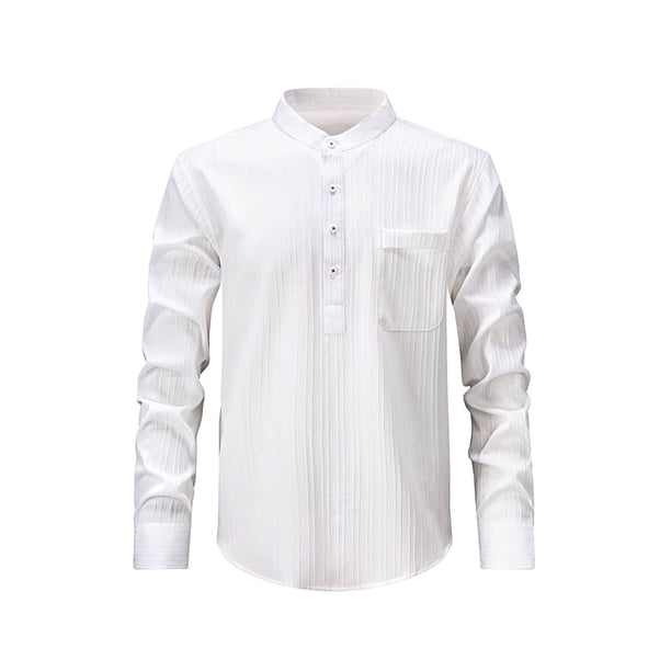 Blusa y camisa de manga larga con cuello alto para hombre, informal, de color liso, con cuello alto, manga larga, bolsillo con medio botón, blusa de poliéster para hombre