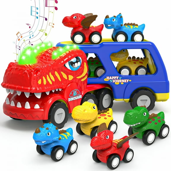 BESTSKY Toddler Car Toys for 1 2 3 4 5 Year Old Boy,5-in-1 Dinosaur Vehicle Trucks Toys for Toddlers 1-3 with Sounds & Lights Toys for Boys 4-6 Dinosaur Toys for Kids 3-5