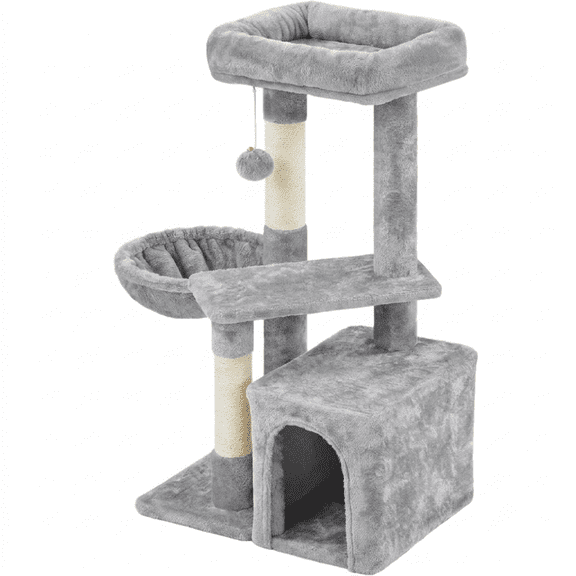 Cat Tree 34in Tall Cat Tower with Plush Condo, Scratching Posts, Basket and Platform, Multi-Level Activity Center for Indoor Cats, Beige