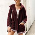 thumbnail image 2 of Chaqueta borrosa de manga larga para mujer, diseño de bolsillo largo de invierno, abrigo cálido con capucha para fiesta, compras informales, rojo vino S, 2 of 6