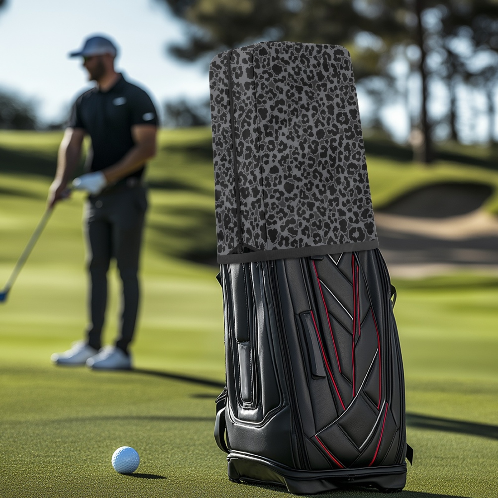 Yuyamidu Black Leopard Print Golf Bag Rain Cover Fashion Golf Bag Hood Cover with Adjustable Straps Easy to Use All Weather Protection