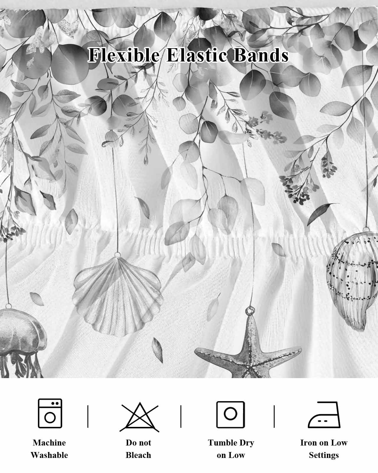 Grey Coastal Wrap Around Bed Skirts for Queen Bed 16" Drop,Bed Skirt with Adjustable Elastic Belt Dust Ruffle Bed Valance Summer Eucalyptus Leaves Beach Ocean Starfish Nautical Bed Frame Cover
