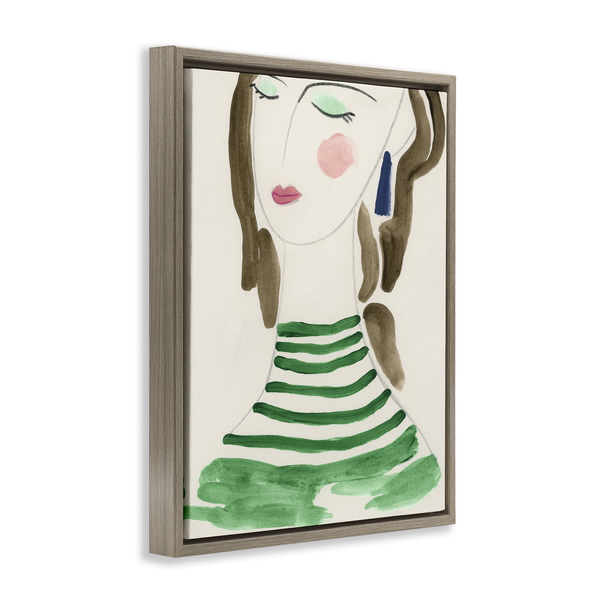 Stupell Industries Woman in Green Stripes People Painting Brown Floater Framed Canvas Art Print Wall Art, 17 x 21