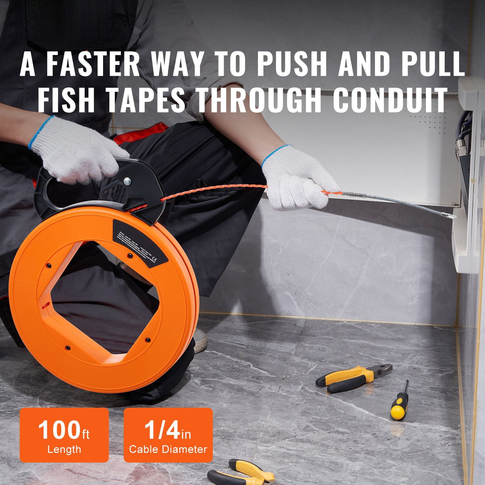 Non-Conductive Fish Tape 100ft 1/4 Inch PET Guide Wire with Thumb Lock for Electrical Cable Pulling