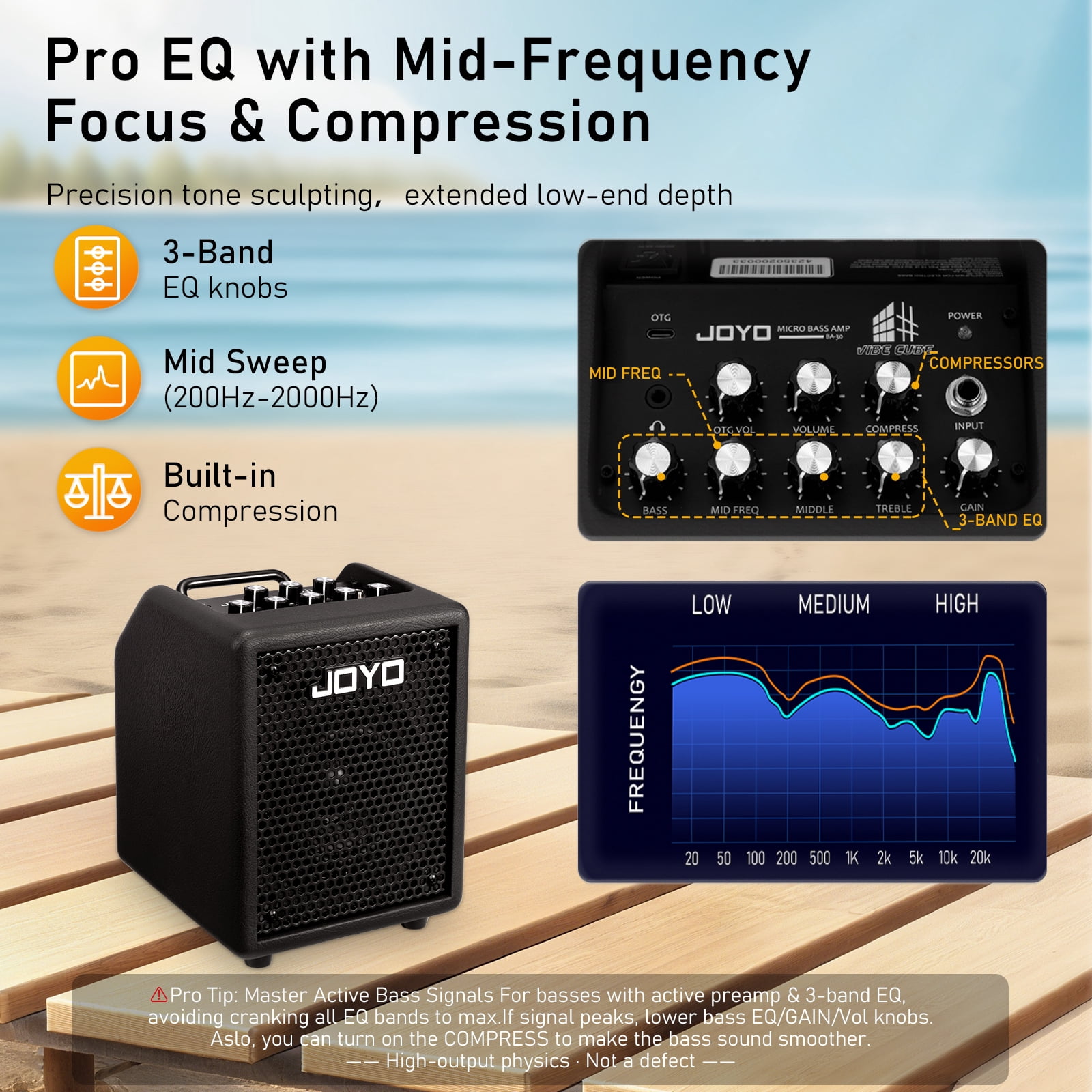 JOYO 30W Bass Amp Portable Combo Amplifier 4" Speaker with Bluetooth 5.1 + OTG Direct Recording | 3-Band EQ + Compressor