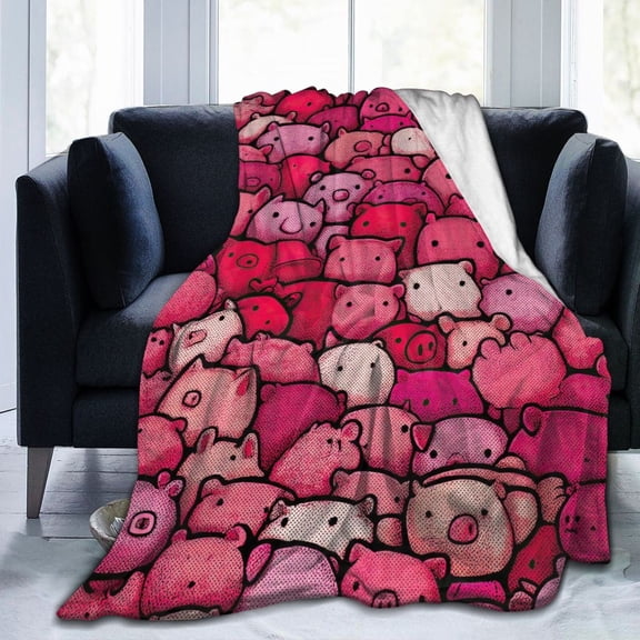 Pink Piggy Pattern Throw Blanket, Dense Cartoon Doodle Artwork,Soft Flannel Fleece, Playful and Cozy Home Decor 50x40