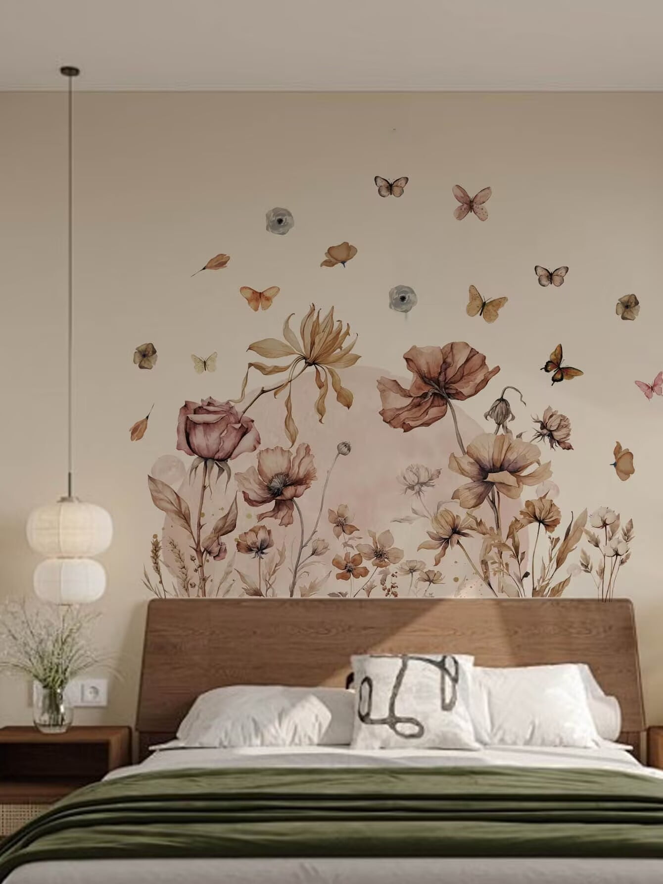 Boho Flower Wall Decals Garden Floral Butterflies Wildflower Wall Stickers Removable Self-Adhesive Vinyl Wall Clings for Living Room Bedroom Sofa TV Background Wall Art Decor
