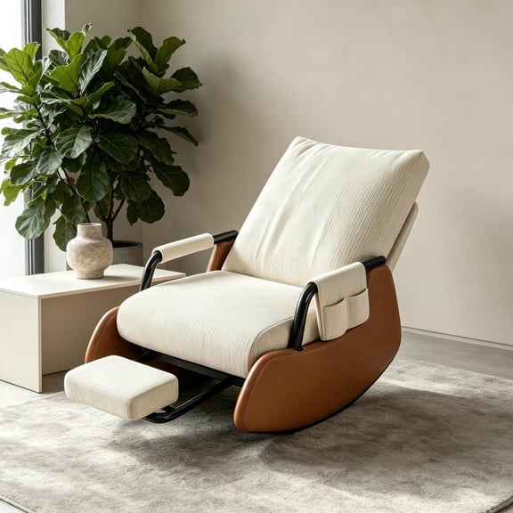 Gliding Rocking Chair with Ottoman, 3Position Adjustable Recliner Foldable Indoor Glider Rocker Chair, AntiTipping Frame Corduroy Lounge Chair with Side Pocket for Living Room Bedroom Balcony