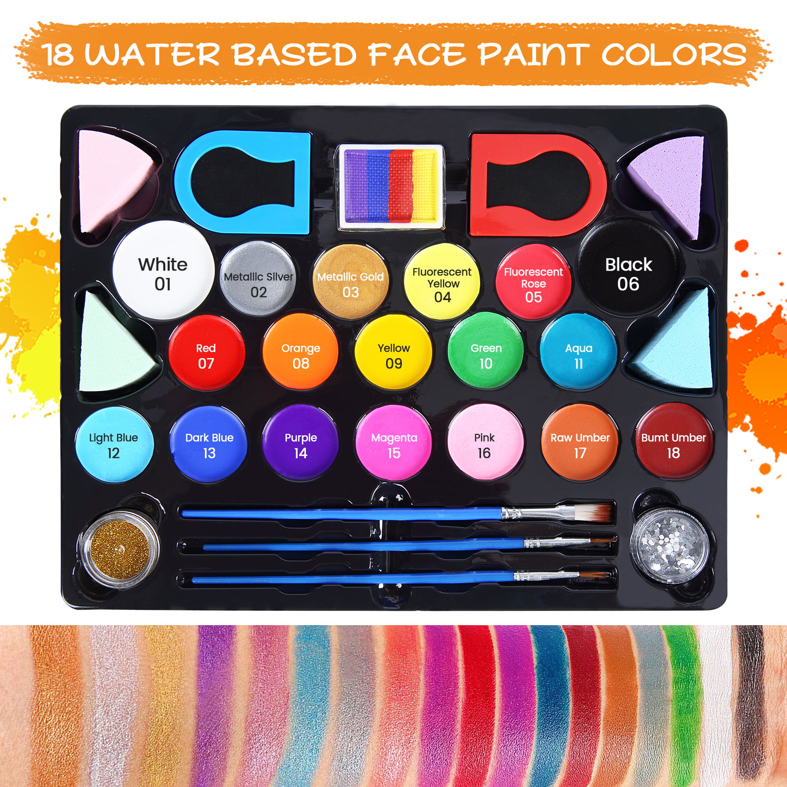 Water-based Face Paint Palette, Assorted Colours, 2.50 ml, 24 Tub