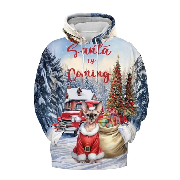Santa is Coming Sphynx Merry Christmas Xmas Noel Truck Tree All Over Print 3D Hoodie Unisex Merch Hoodies Cat Lover Kitten Owner Gifts Idea - 02023