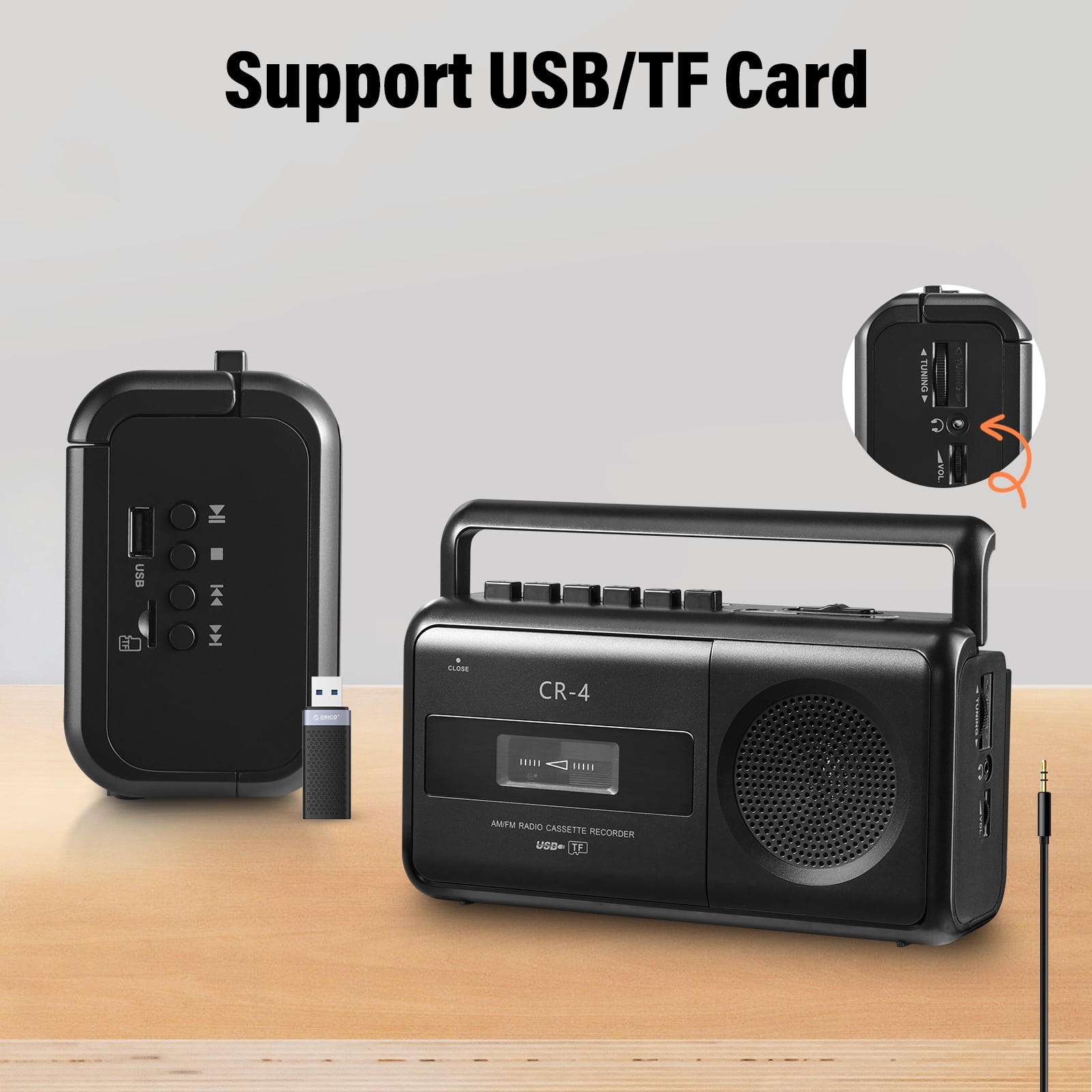 Portable Cassette Player Boombox AM/FM Radio Stereo, Casette Tape Player Recorder with Earphone Jack Battery Operated or AC Powered