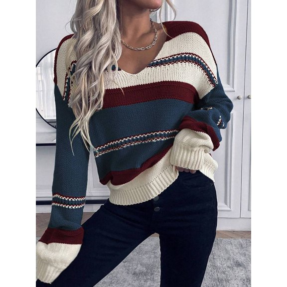 Women Striped Drop‑Shoulder Long Sleeve Knit Sweater Casual Daily Top