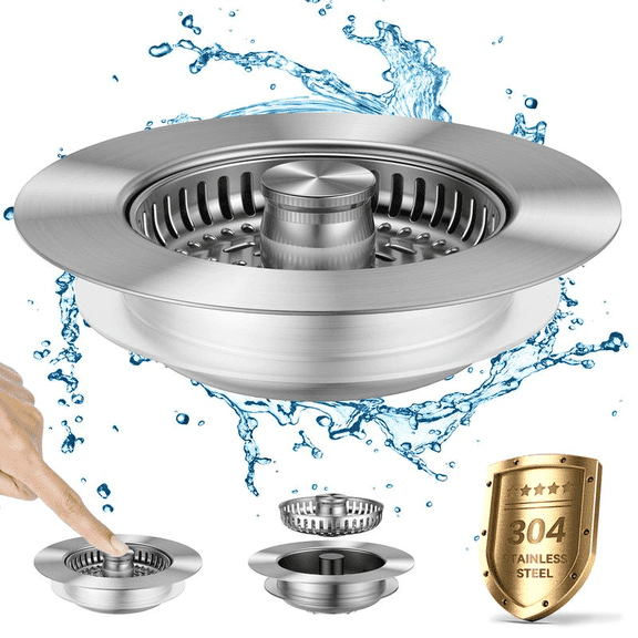3-in-1 Kitchen Sink Strainer Stopper Combo Stainless Steel Wrap Around Sink Downspout for US Standard 3-1/2 inch Sewer Strainer, Smooth Handle for Easy Cleaning, Anti-Clogging