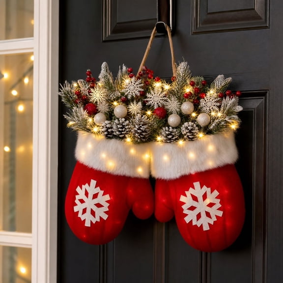 Christmas Mitten Wreath with LED Lights, Christmas Wreaths with Faux Pine Branches Red Berries & Frosted Pinecones, Velvet Glove Xmas Wreath for Front Door Fireplace Window Wall Decor