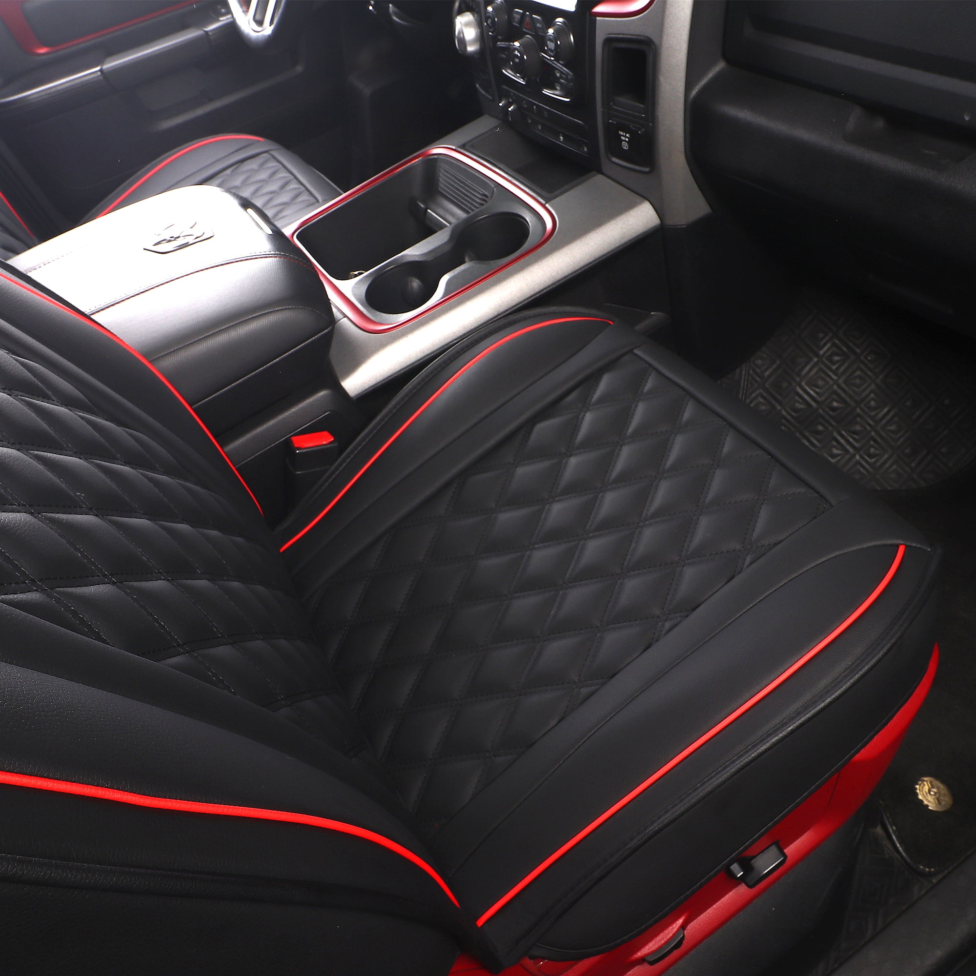 JOJOBAY Car Seat Covers for Dodge Ram,Fit 2009-2026 1500/2500/3500 HD Pick-up Truck,Crew,Regular,Quad,Mega Cab,Waterproof Synthetic Leather Seat Covers(5PCS-Full Set,Black-Red)