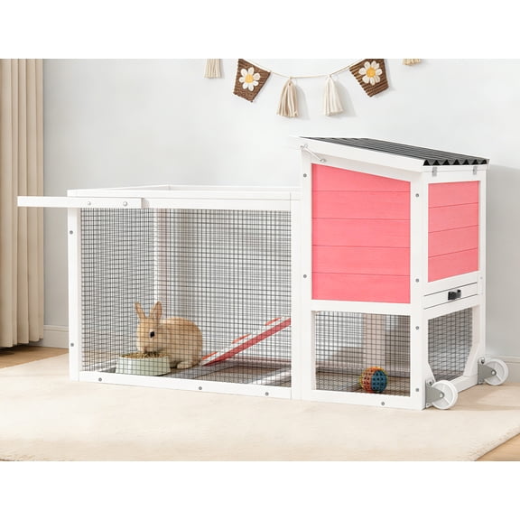 TIMHAKA 2-Story Rabbit Hutch, Wooden Bunny Cage w/ Chew-Proof Ramp & Wheels & Pull-Out Tray for Rabbits & Small Animals, White & Pink