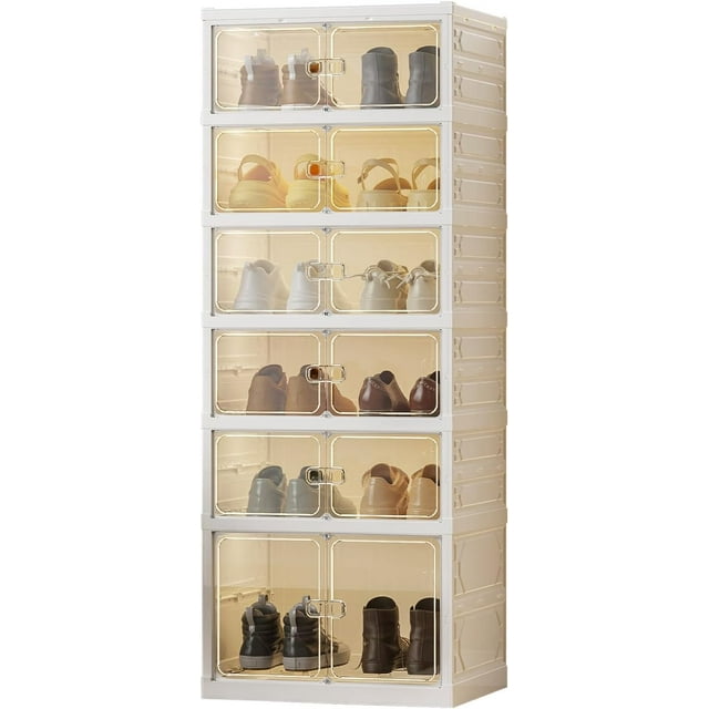 Portable Shoe Rack Organizer for Closet Entryway, Stackable Sneaker Storage Shoe Cabinet With Magnetic Clear Door, Large Plastic Storage Containers Bins With Lids,6-Tire