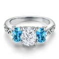 thumbnail image 3 of Gem Stone King 925 Sterling Silver White Moissanite and Swiss Blue Topaz Filigree Style 3 Stone Ring for Women (2.60 Cttw, Oval 8X6MM and 6X4MM) (Size 8), 3 of 6
