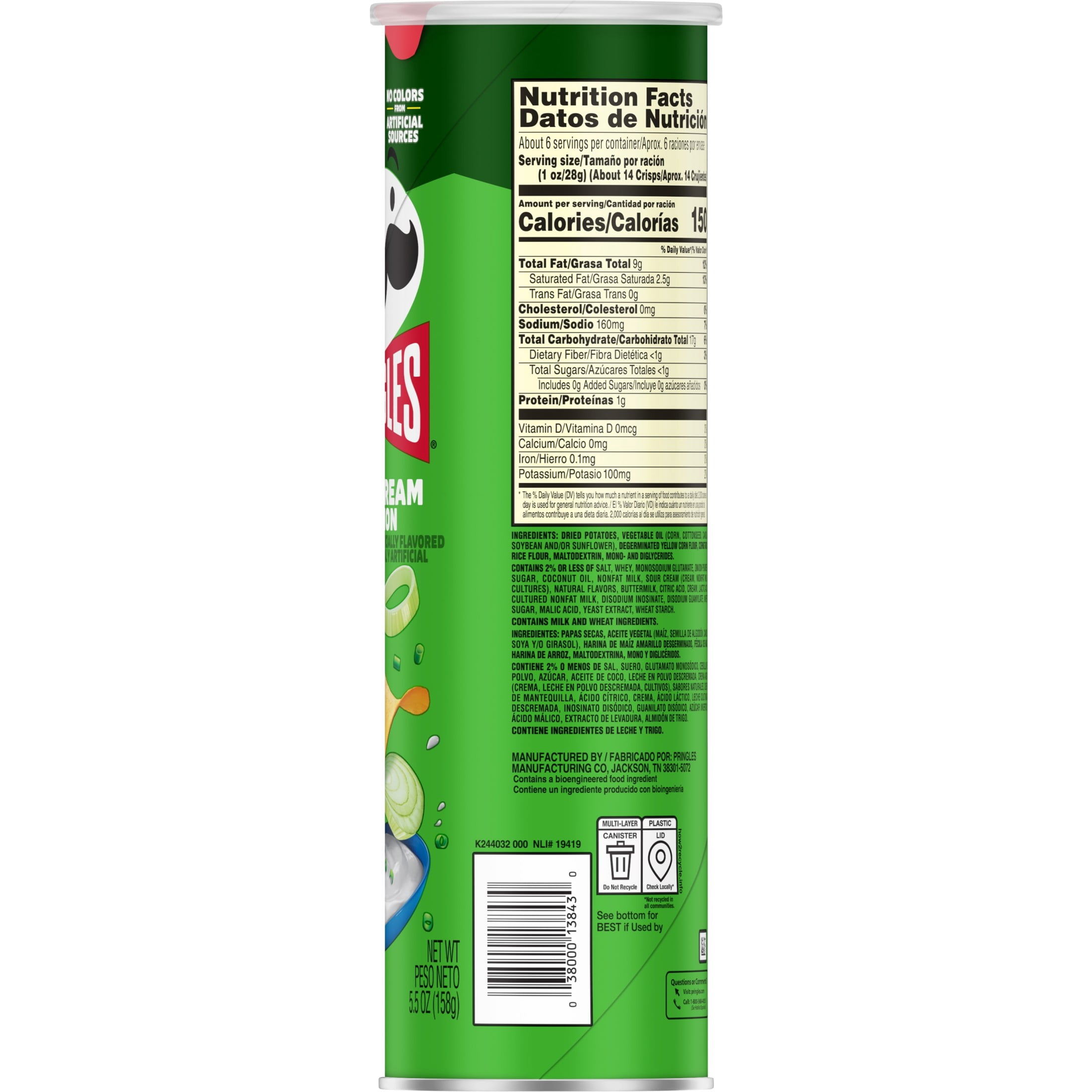 Pringles Sour Cream and Onion Potato Crisps Chips, Lunch Snacks, 5.5 oz Canister