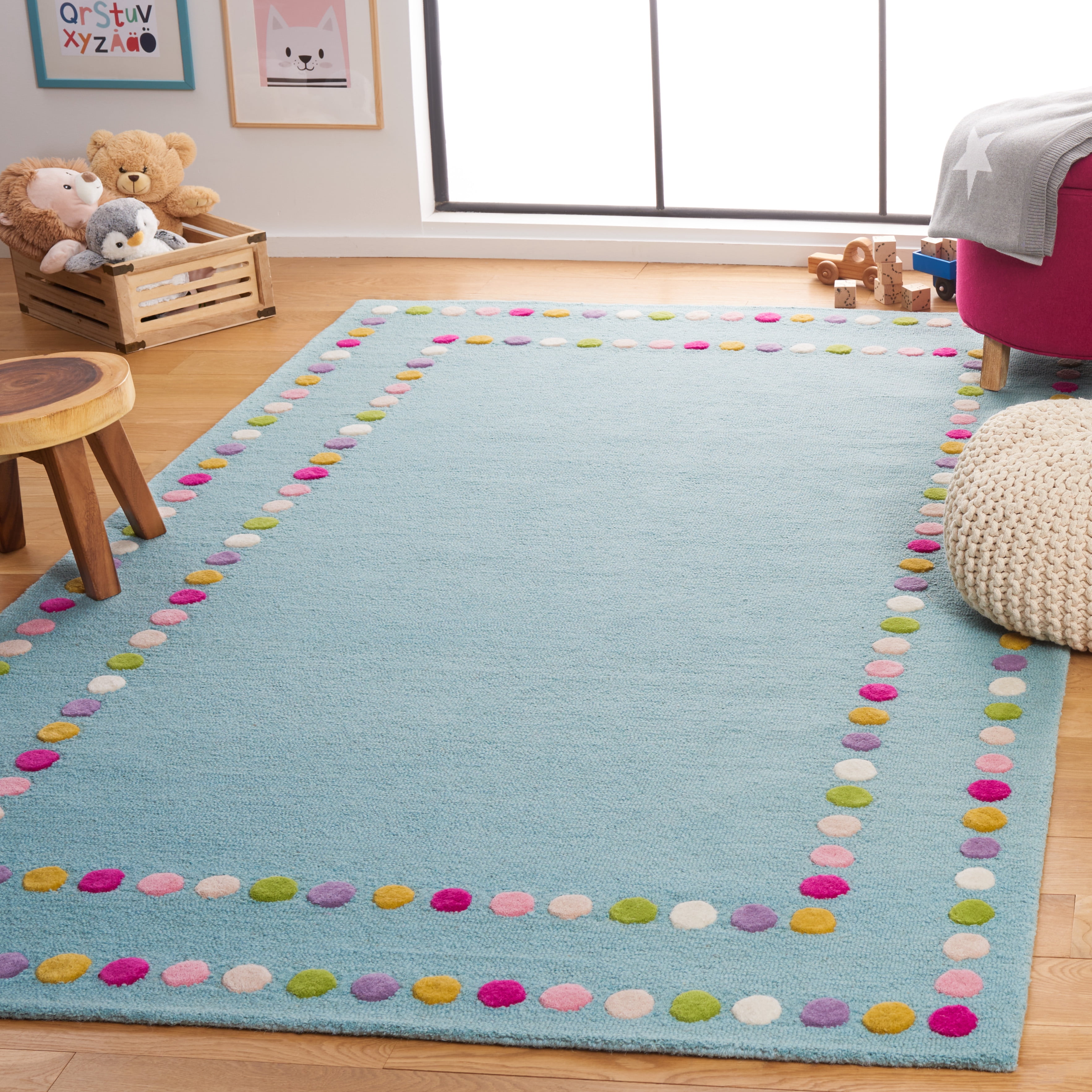 SAFAVIEH Kids Bordered Bold Polka Dots Area Rug, Blue/Pink, 4' x 6'