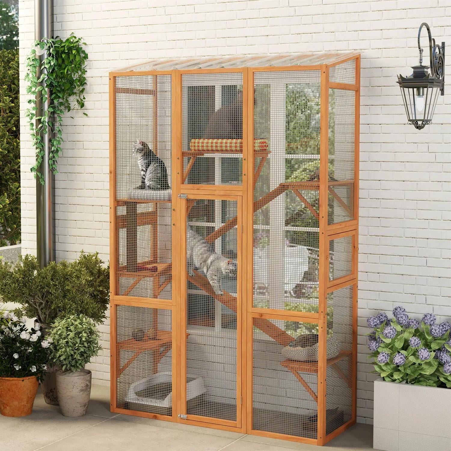 Pefilos 99" Outdoor Weatherproof Cat Cage with 6 Jumping Platforms, Scratching Post, 2 Ramps, Wooden Feral House for 2-3 Kittens Cats, Orange