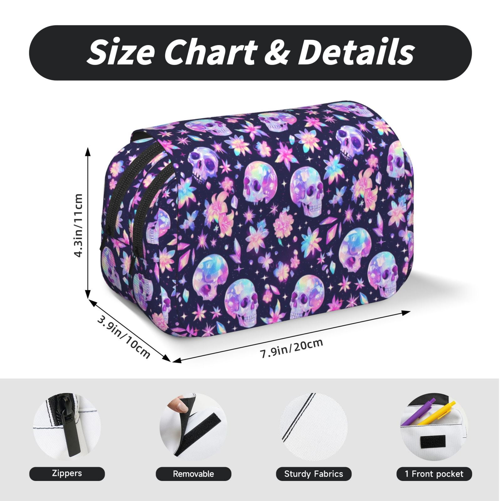 Rateoe crystal Skull flower cool Pattern Double Clamshell Pen Case, Storage Organizer with Two Zipper Compartments– Holds Up to 50 Pencils & Pens