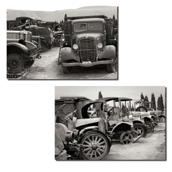2 Black & White Antique Old-Fashioned Car Graveyard Photograph Prints; Two 14x11 Poster Prints