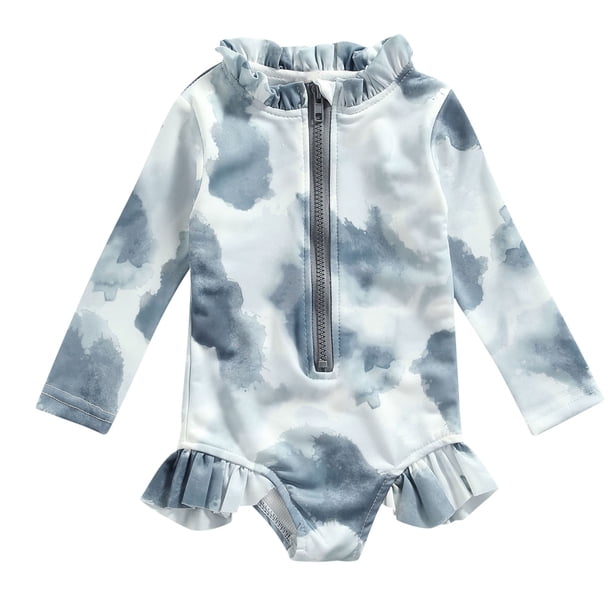 Odeerbi 1-5 Años Trajes de Baño de Manga Larga Con Lycra Para Niñas Traje de Baño de Una Pieza Para Entrenamiento de Verano Hawaiian Surfing Swimwear Tie- Dye Ruffle Zipper Bathing Suit