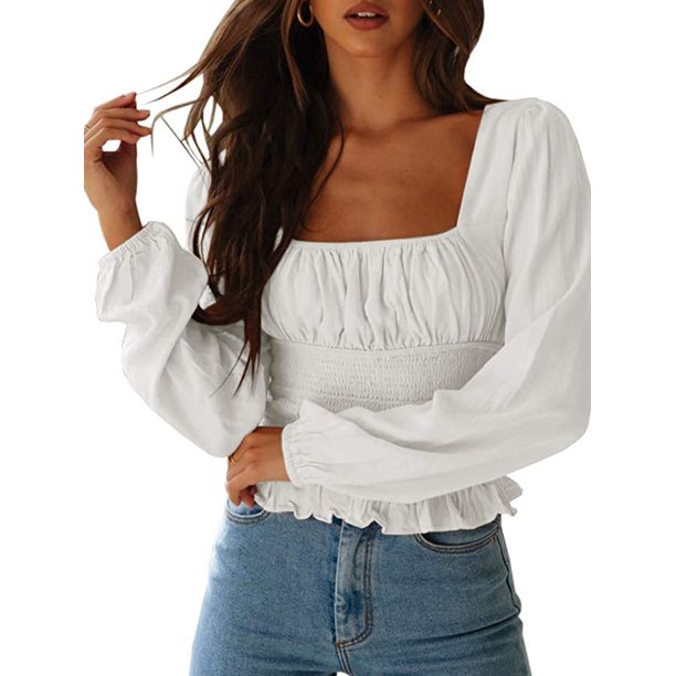 Frill Smock Crop Top Retro Neck Long Sleeve Shirred Tops - Walmart.com