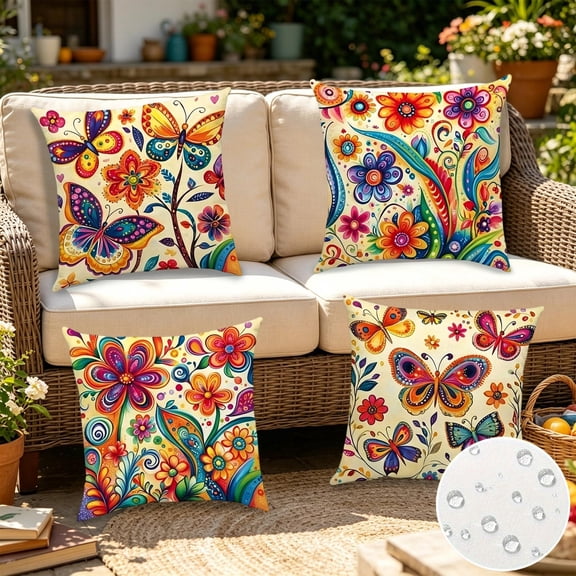 Waterproof Outdoor Throw Pillow Covers, 17.72 Inch Tropical Summer Print Cushion Covers for Patio Porch Poolside Furniture Decor, Set of 4