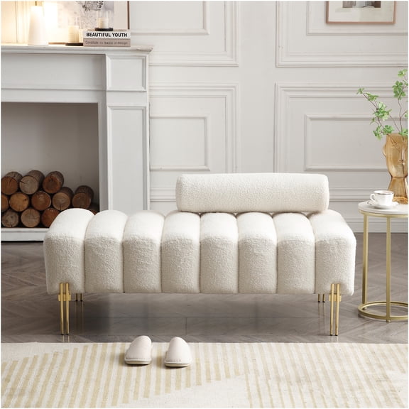 JERFIT Modern Tufted Upholstered Bench with Gold Legs, Soft Sherpa Footrest Ottoman Couch for End of Bed, Living Room & Entryway Seating, Beige