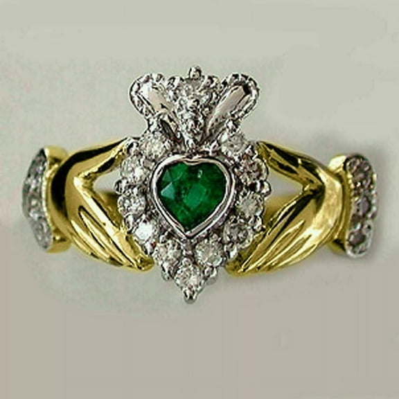 Women's Claddagh Promise Ring 2 Ct Heart Emerald & Cubic Zirconia 14k Two Tone Gold Plated - 7