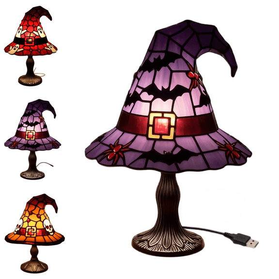 Stained Glass Style Witch Hat Lamp, USB Powered Resin Table Lamp for Bedroom Shelf Mantel and Halloween Decor, Small or Large Gothic Accent Light