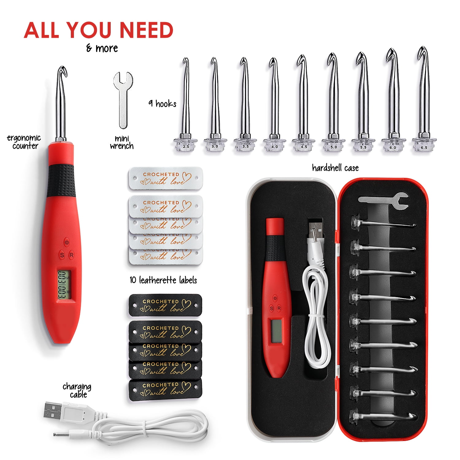 Craftbud Crochet Counter, Crochet Hook Set with Crochet Needles and Accessories, 23pc, Red