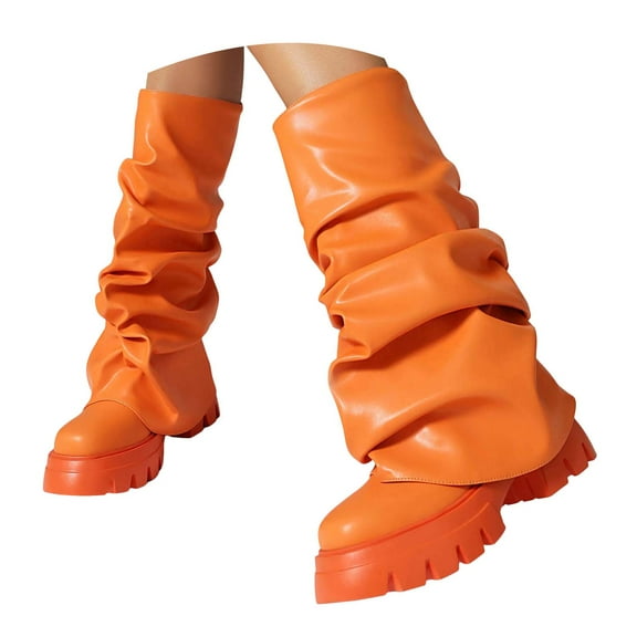 Chenyee Womens Platform Fold Knee High Boots Slouchy Ruched Pull On Leather Wide Calf Booties