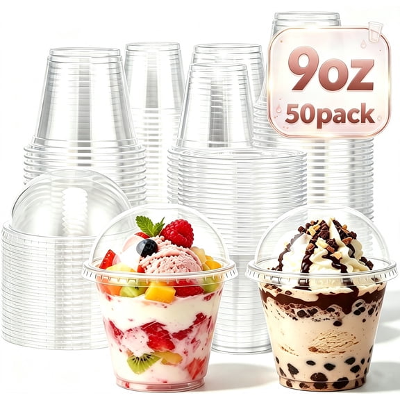 Lamosi 50 Pack 9oz Clear Plastic Cups with Dome Lids, Disposable Dessert Cups with Lids, Dessert Cups for Pudding