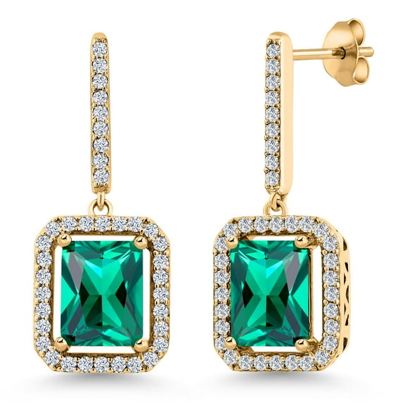 Gem Stone King 4.96 Ct Green Simulated Emerald 18K Yellow Gold Plated Silver Earrings