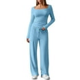 thumbnail image 2 of JGGSPWM Women's 2 Piece Outfits Solid Color Long Sleeve Square Neck Crop Tops Wide Leg Tracksuits Casual Lounge Set Blue XL, 2 of 9