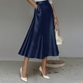 thumbnail image 3 of Morttic Women's Elegant Solid Color Silky Satin A-Line Midi Skirt – High Waist Flowy Swing Skirt with Hidden Side Pockets Navy Blue，L, 3 of 5