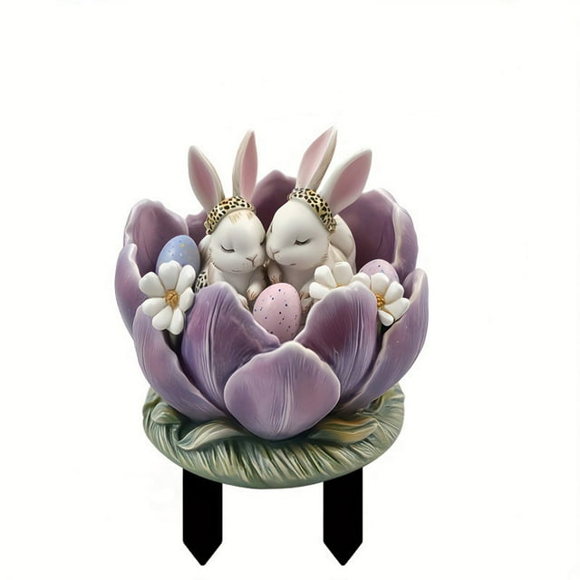 Easter 2D Acrylic Garden Stake Purple Flower Rabbit Shape Lawn Ornament Outdoor Floor Insert 11.0X7.9 Inch