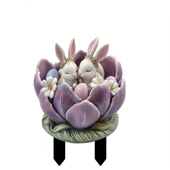 HuiXinOu Easter Yard Stake, 2D Flat Acrylic Purple Petal Rabbit Ground Insert, Outdoor Garden Decor for Spring Festival