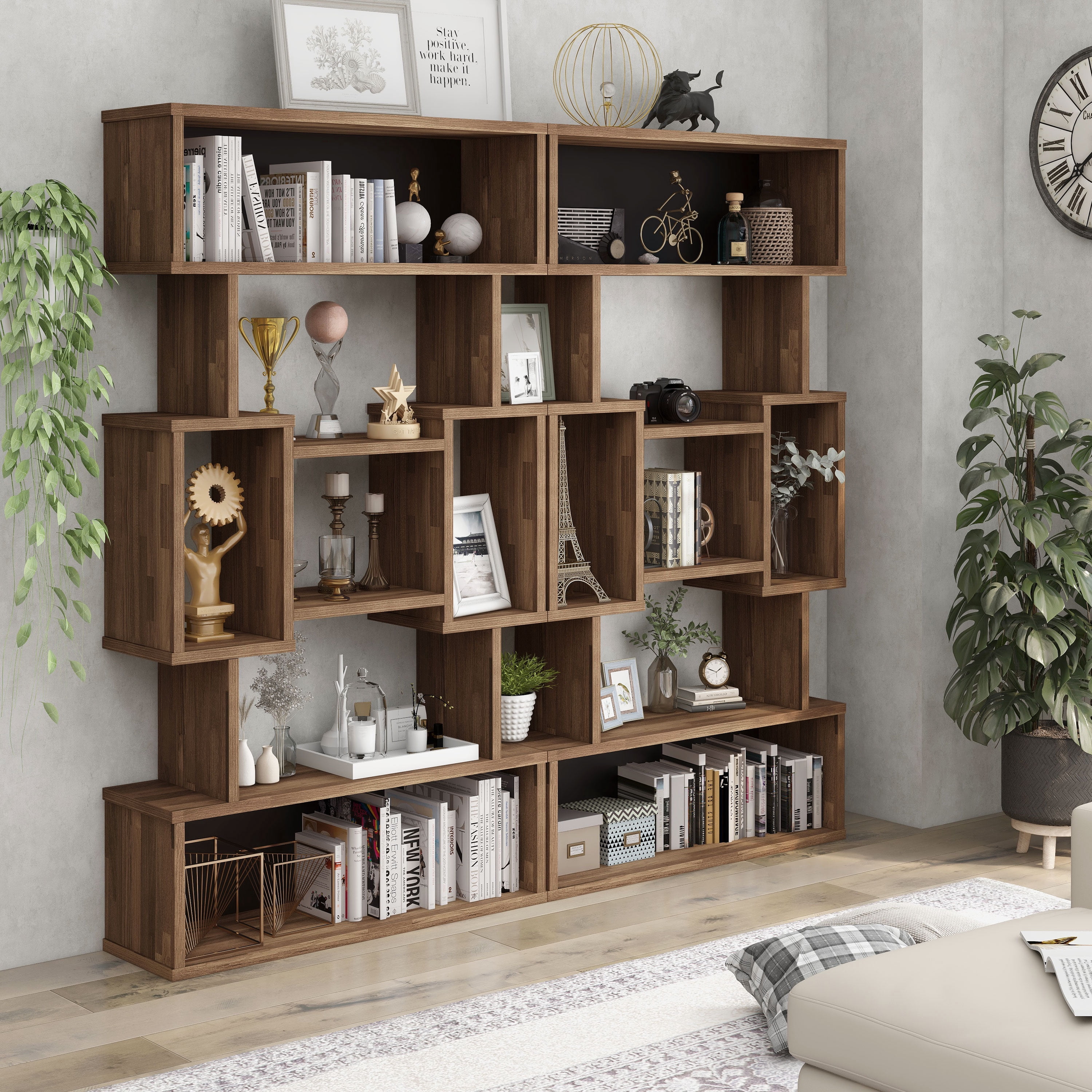 Furniture of America Rhine Modern 13-Shelf Geometric Bookcase, Light Hickory