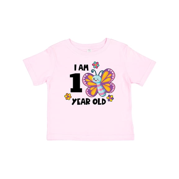 Inktastic I Am 1 Year Old Cute Smiling Butterfly with Flowers Girls Baby T-Shirt