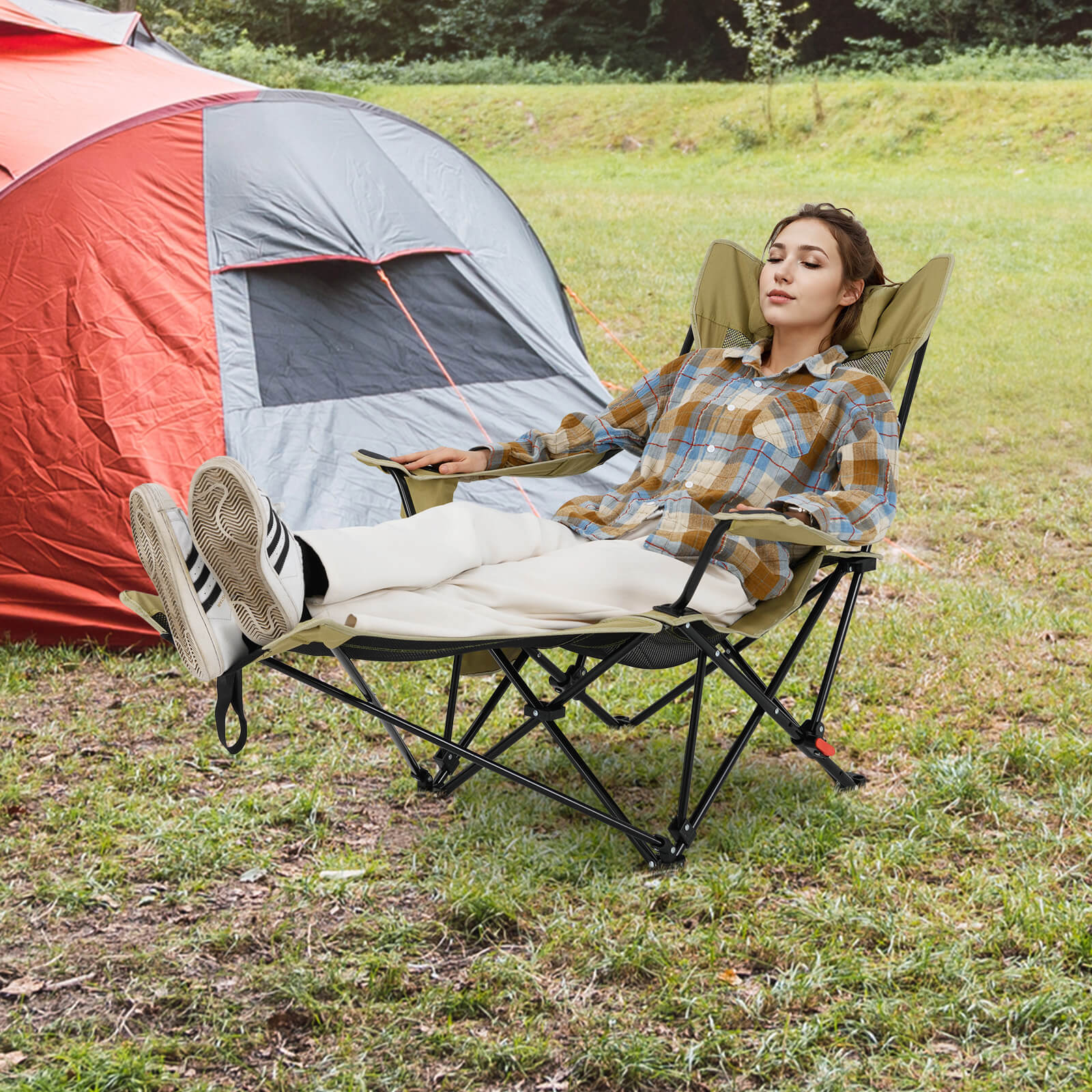 Goplus Camping Lounge Chair With Footrest - 4-Position Reclining Folding Chair, Carrying Bag, Cup Holder, 330LBS Capacity