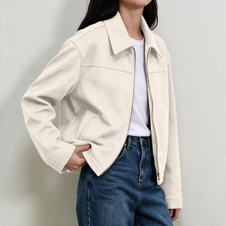 YgkuHd Jackets for Women Zip Up Collared Suede Look Coat Solid Color ...