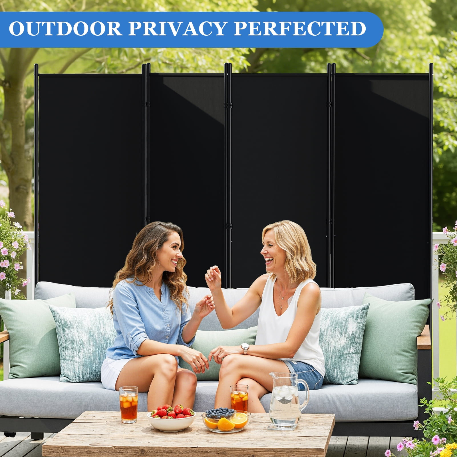 SUNALLY Rolling Room Dividers 6FT 4 Panel, Folding Privacy Screens with Lockable Wheels, 88" W Portable Wall Divider Room Separation for Porch Living Room Dorm Studio Office, Black