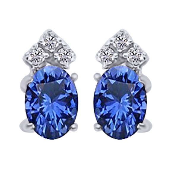 AFFY Oval Cut Simulated Blue Sapphire With Natural Diamond Cluster Stud Earrings In 14K Solid White Gold