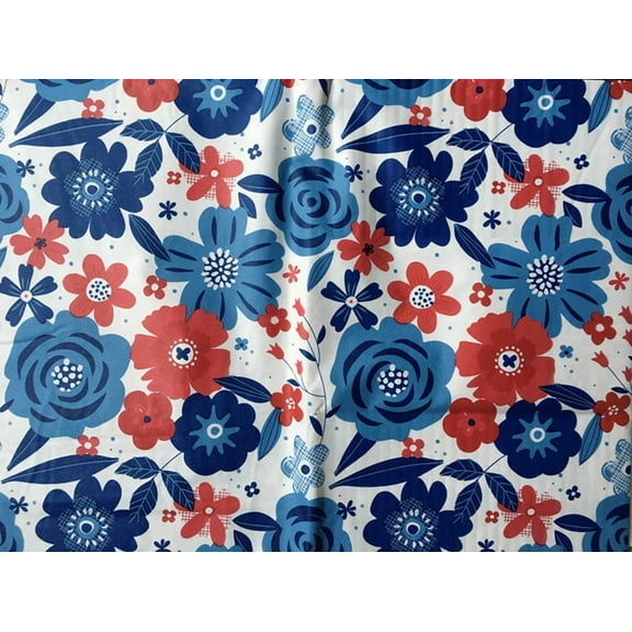 Patriotic Red Blue White Flowers Vinyl Flannel Backed Tablecloth (52x70 Oblong)