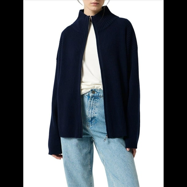 Chaqueta de Punto para Mujer, Estilo Clásico, Informal, con Cuello Alto, Cremallera y , de Color Liso. Azul Oscuro Talla Única