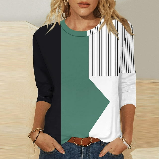 Liquidation d'Été! Blouses d'Été Fatuov pour Femmes, Décontractées, Grande Taille, Col Rond, Motif Patchwork, Manches 3/4, T-Shirts Bleus